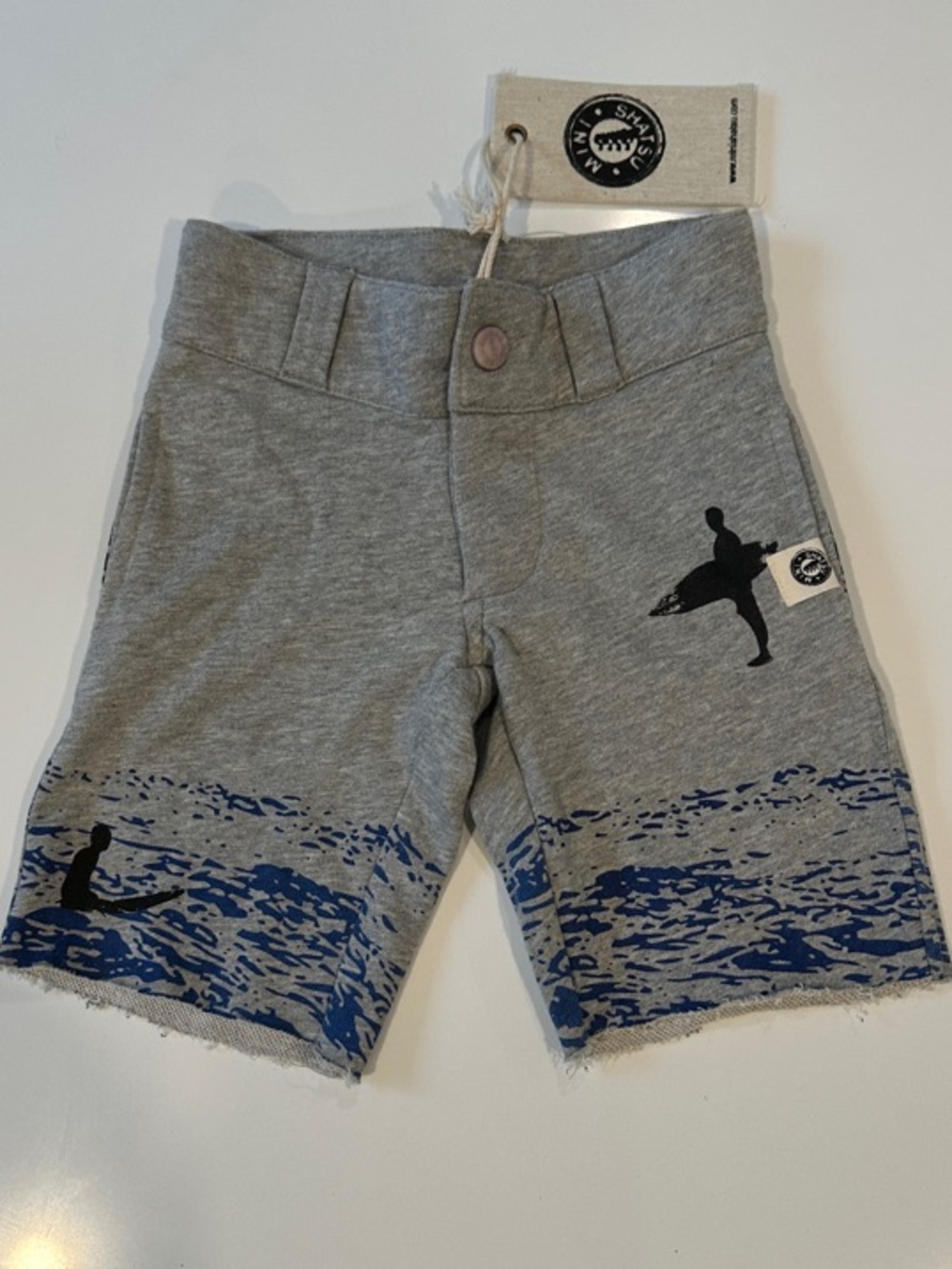 Mini Shatsu Boys Heather Gray Shark Surfer Graphic Jersey Knit Shorts NWT